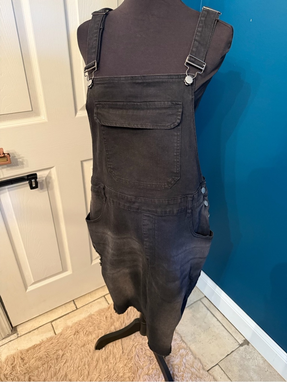 Black Denim Overall Dress with Front Pocket
